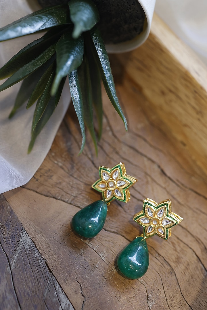 Gold Finish Kundan Polki & Jade Stone Dangler Earrings by Do Taara at Pernia's Pop Up Shop