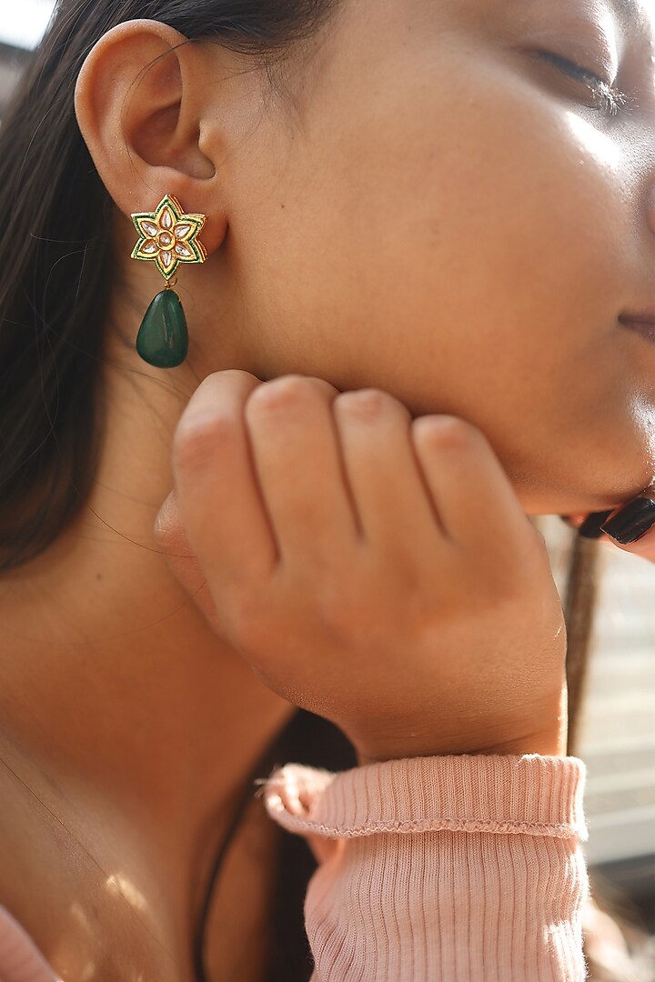 Gold Finish Kundan Polki & Jade Stone Dangler Earrings by Do Taara at Pernia's Pop Up Shop