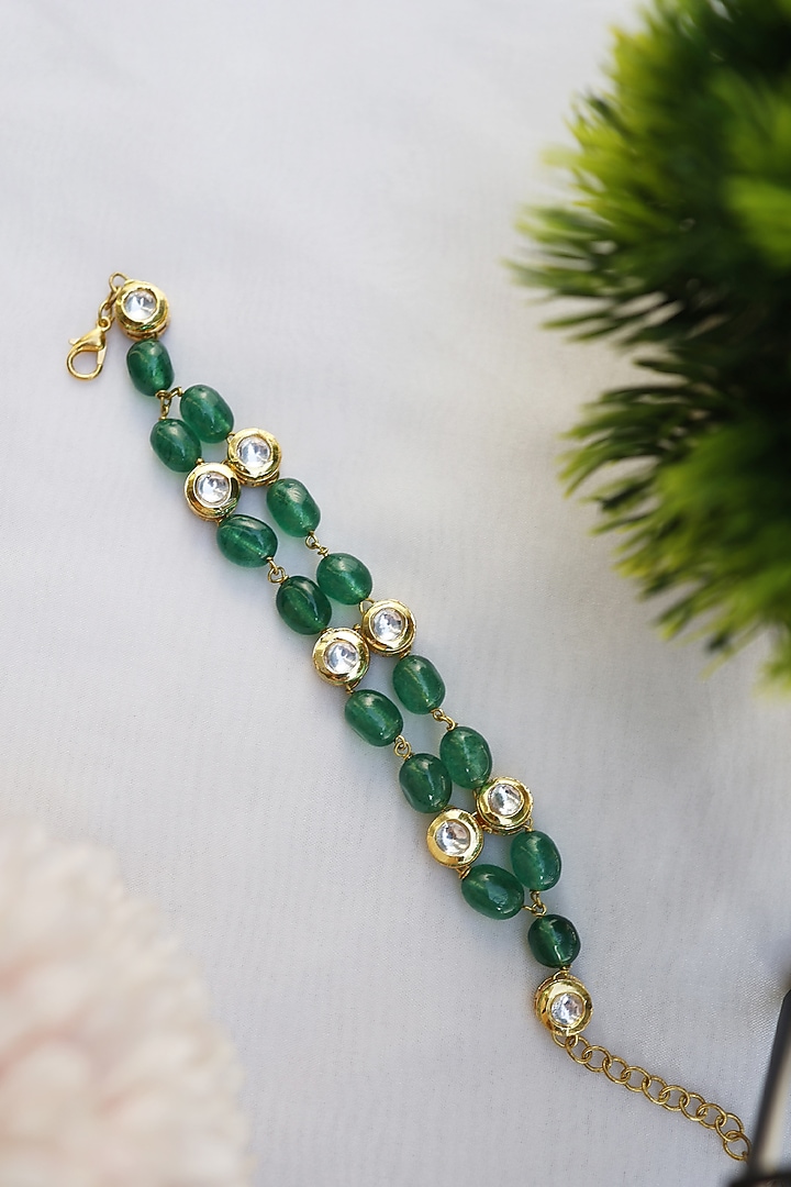 Gold Finish Kundan Polki & Natural Stone Adjustable Bracelet by Do Taara at Pernia's Pop Up Shop