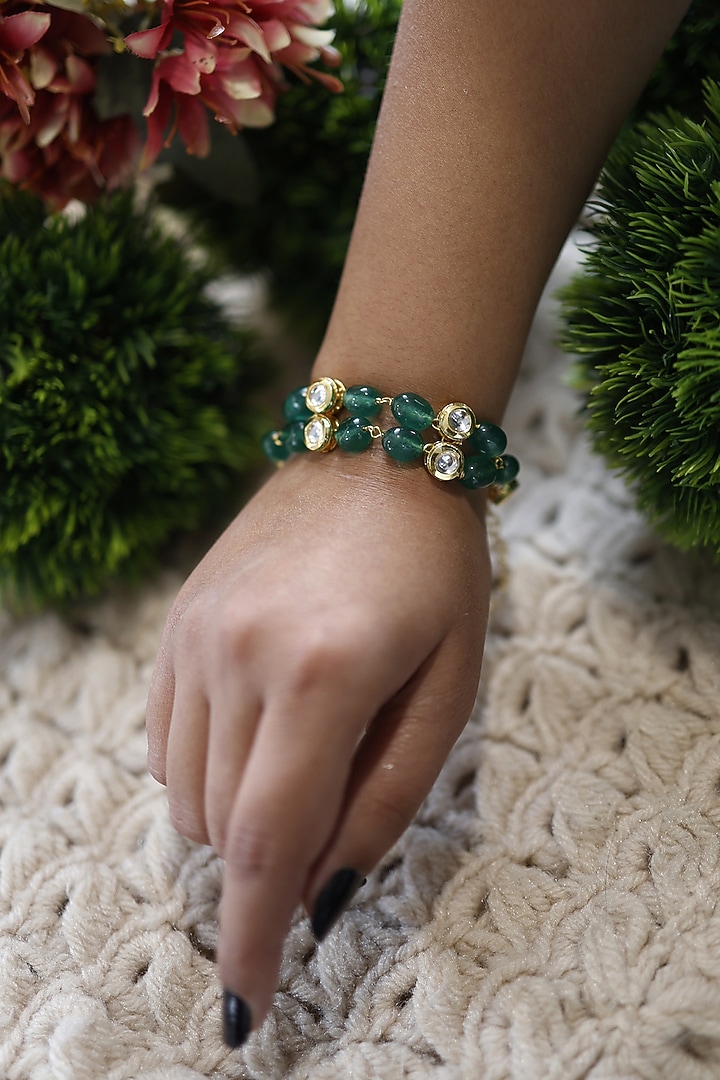 Gold Finish Kundan Polki & Natural Stone Adjustable Bracelet by Do Taara at Pernia's Pop Up Shop