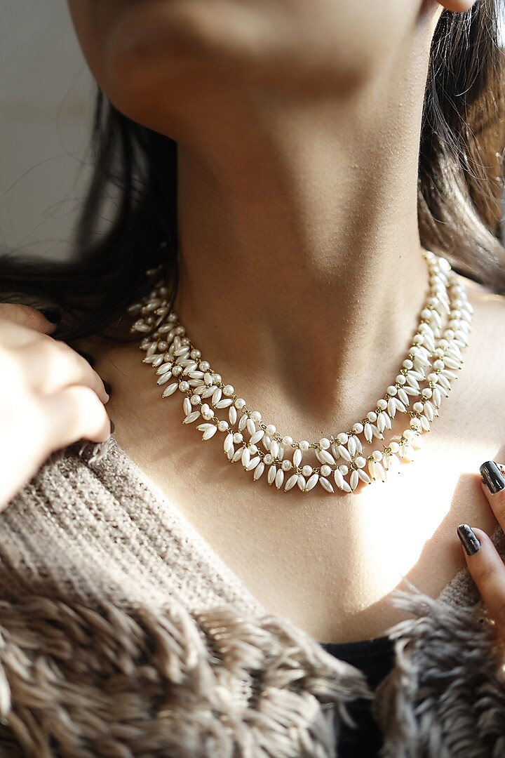 Gold Finish Rice Pearl Necklace by Do Taara