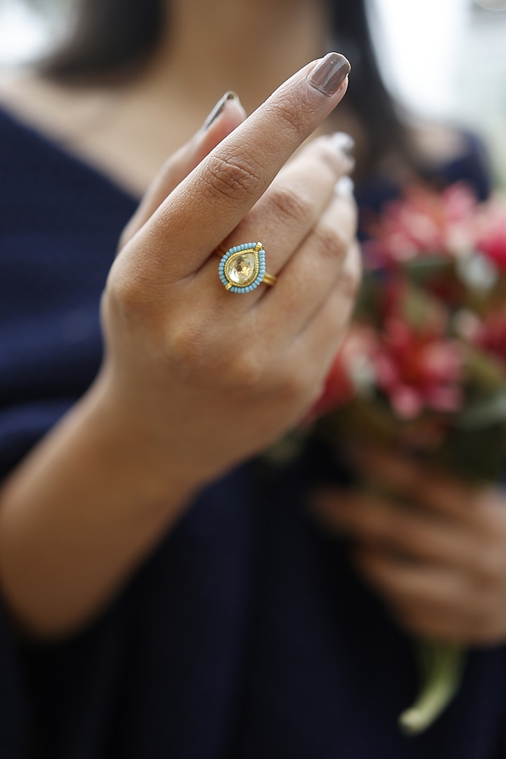 Gold Finish Kundan Polki & Turquoise Stone Adjustable Ring by Do Taara