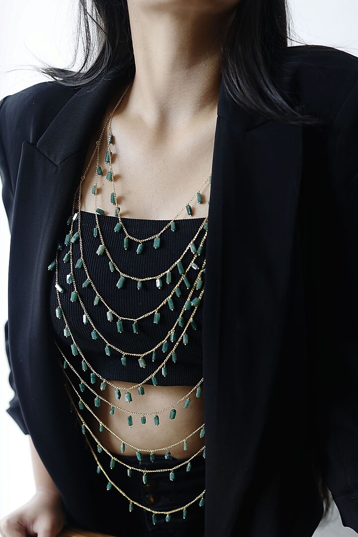Gold Finish Natural Stone Adjustable Bodychain Necklace by Do Taara at Pernia's Pop Up Shop