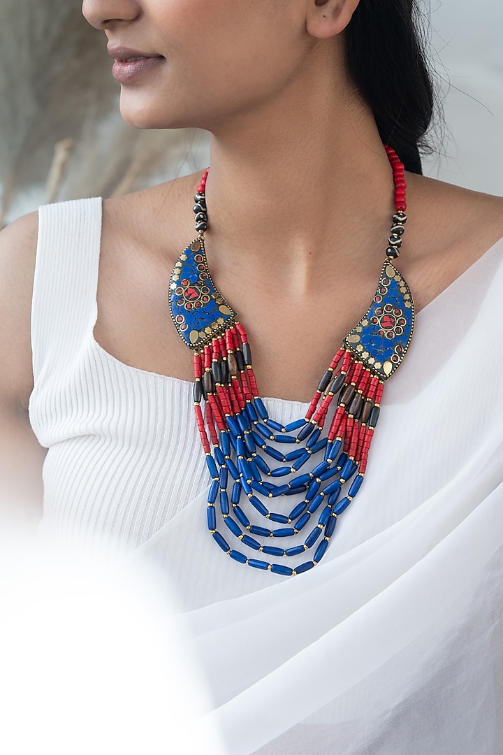 Blue & Red Beaded Layered Necklace by Do Taara
