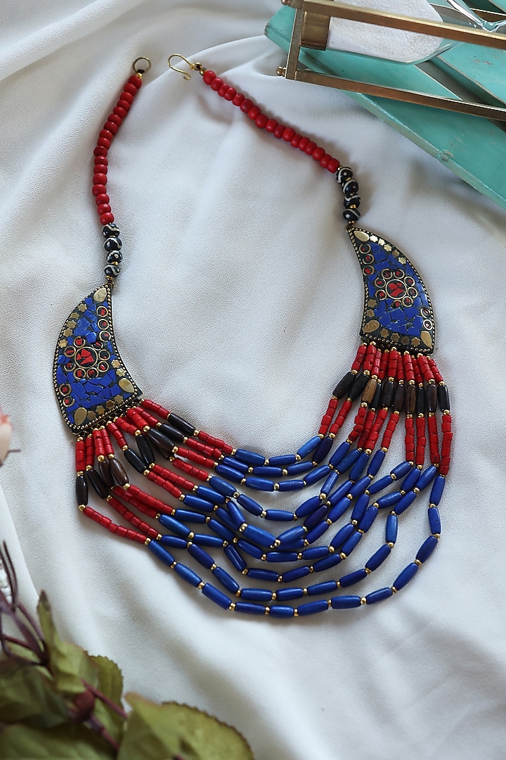 Blue & Red Beaded Layered Necklace by Do Taara at Pernia's Pop Up Shop