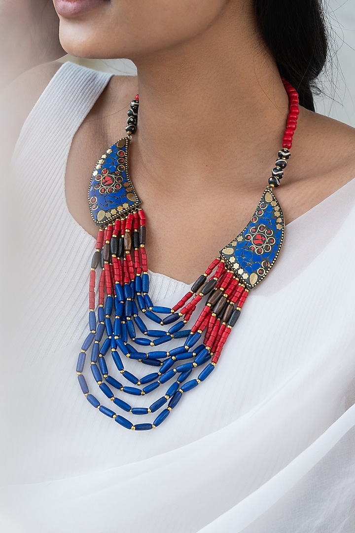 Blue & Red Beaded Layered Necklace by Do Taara at Pernia's Pop Up Shop