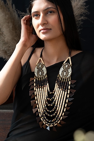 Brown & Beige Beaded Necklace by Do Taara