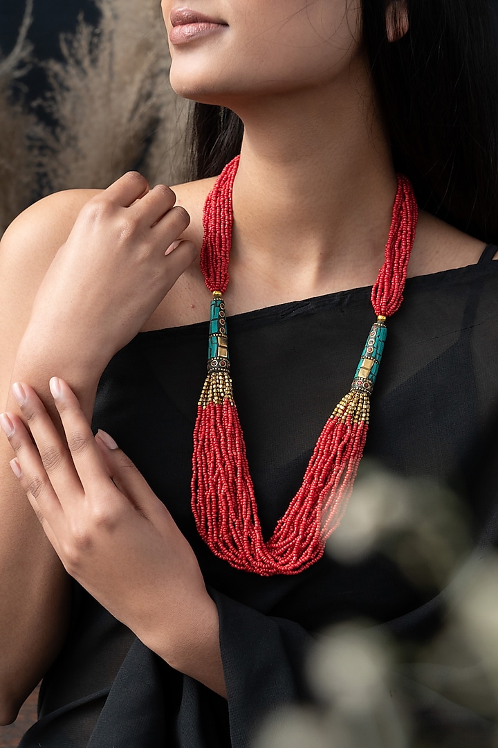 Red Beaded Boho Necklace by Do Taara