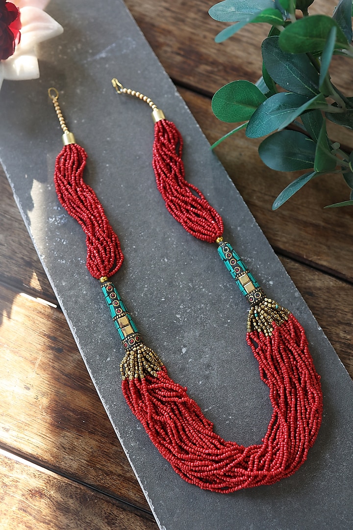 Red Beaded Boho Necklace by Do Taara at Pernia's Pop Up Shop 2025