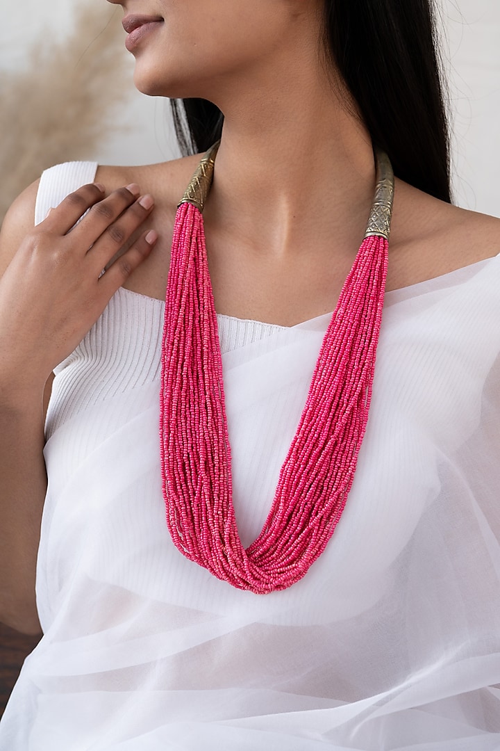 Pink Beaded Boho Necklace by Do Taara