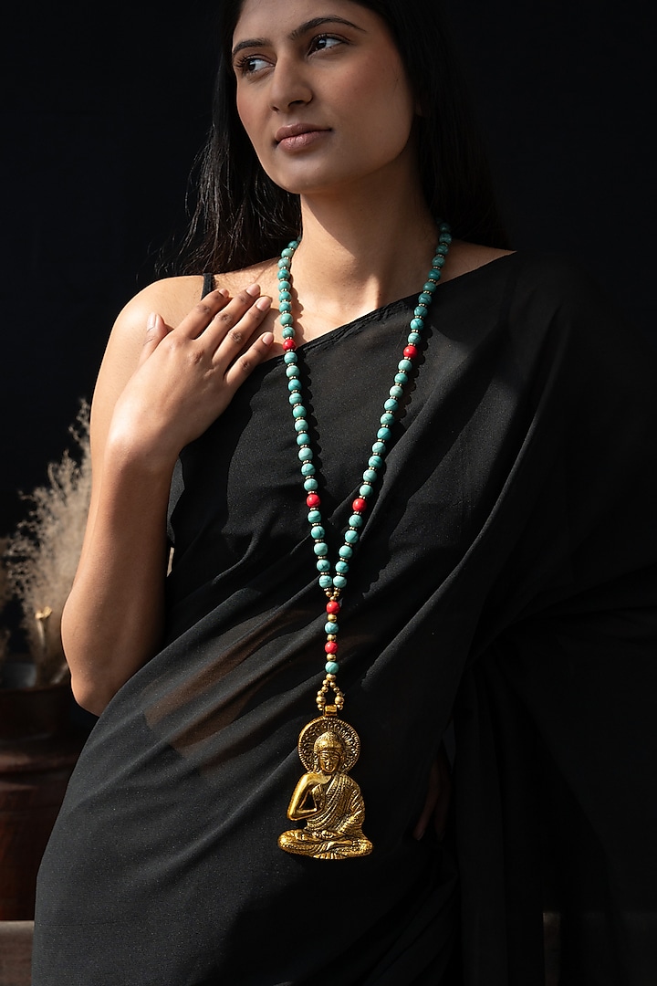 Turquoise Beaded Buddha Pendant Necklace by Do Taara