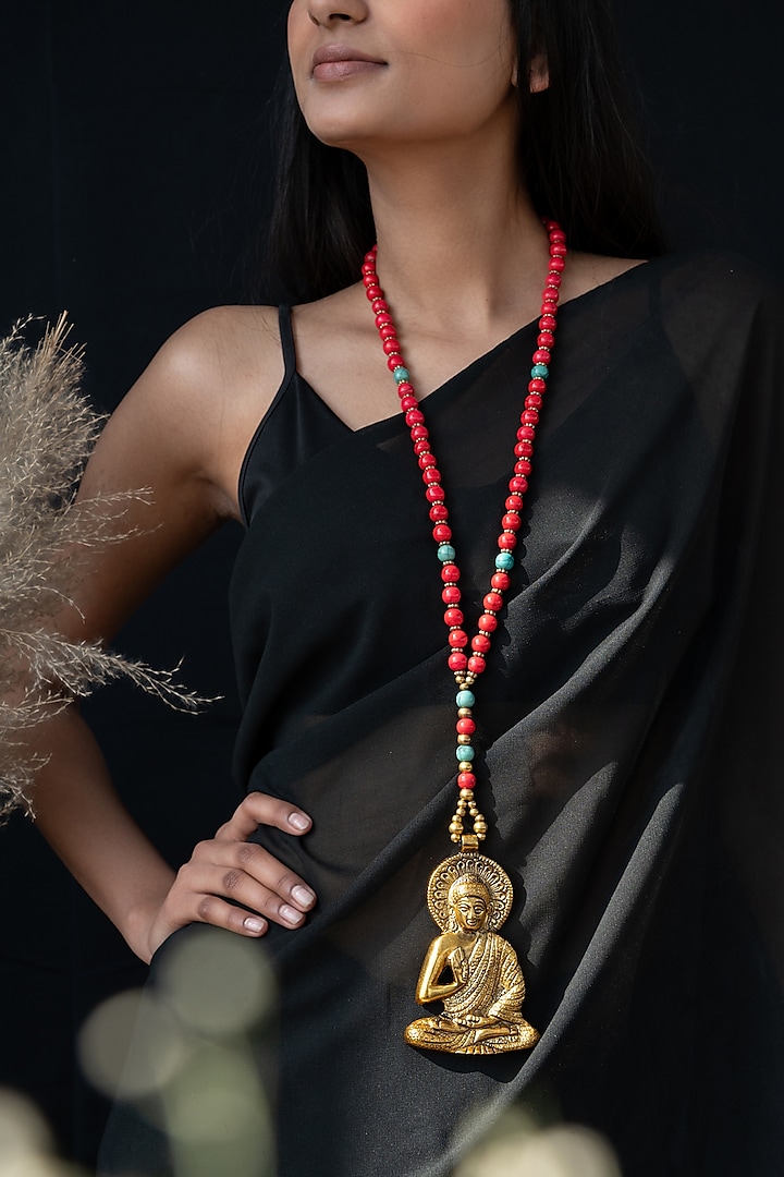 Red Beaded Buddha Pendant Necklace by Do Taara