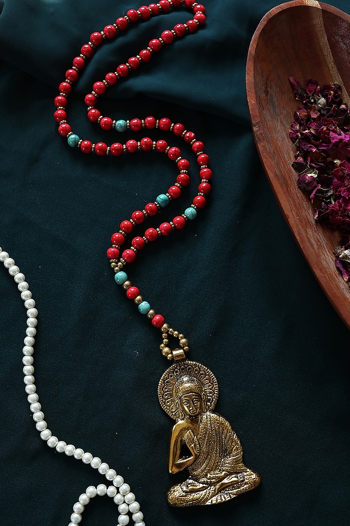 Red Beaded Buddha Pendant Necklace by Do Taara at Pernia's Pop Up Shop
