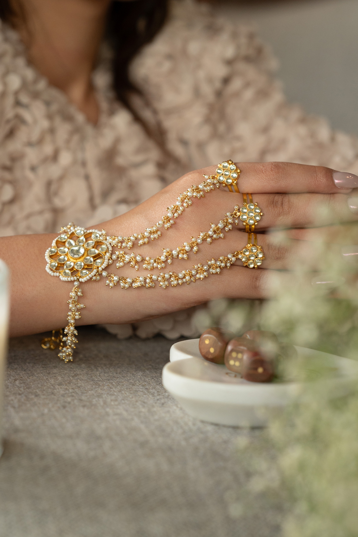 Gold Plated Kundan Polki & Pearl Hathphool by Do Taara at Pernia's Pop Up Shop