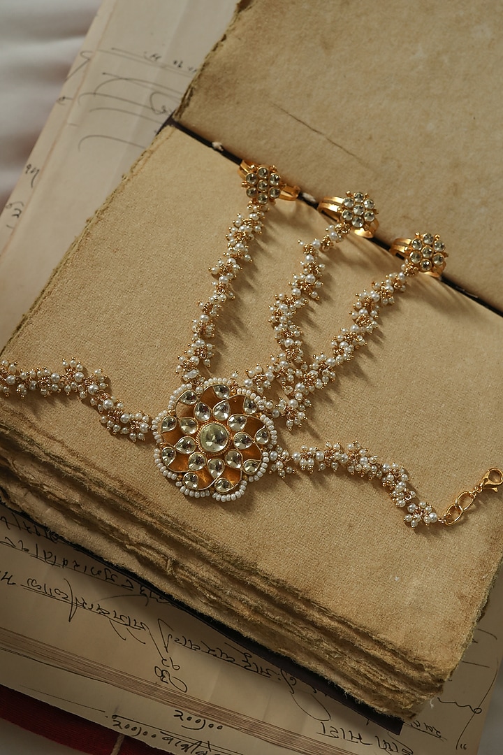 Gold Plated Kundan Polki & Pearl Hathphool by Do Taara at Pernia's Pop Up Shop