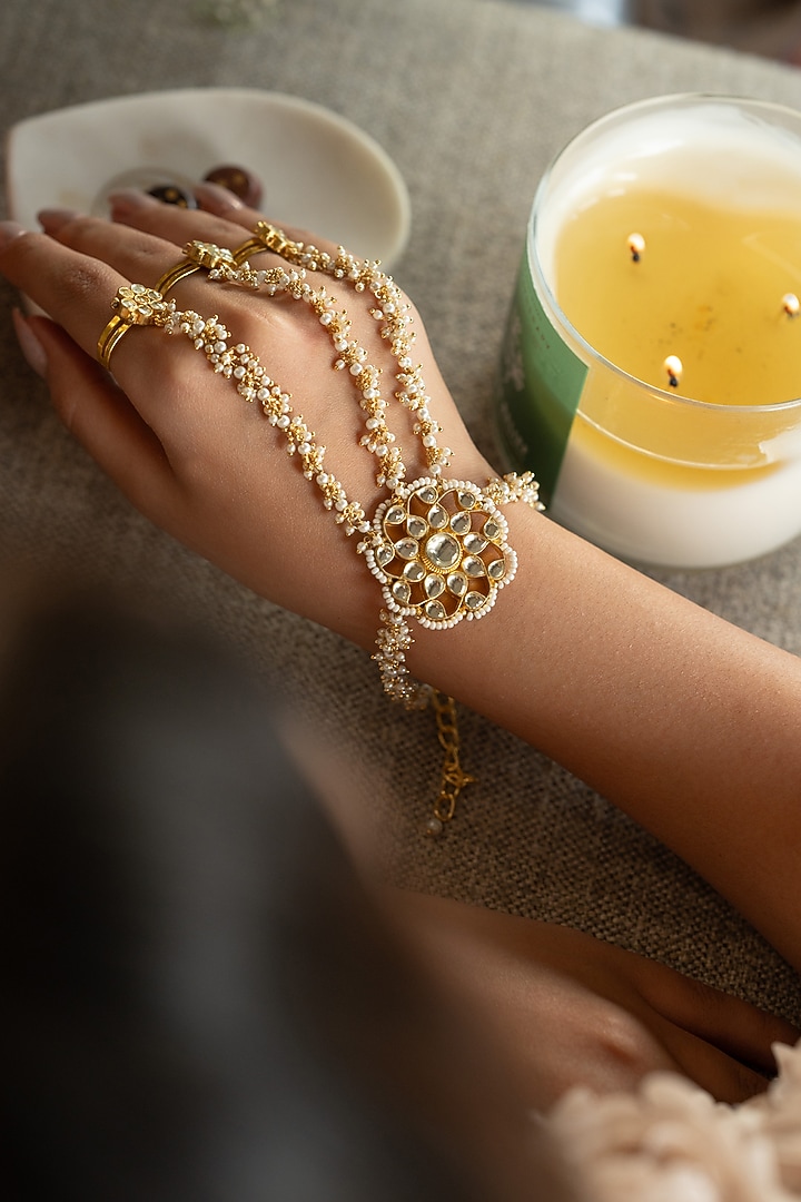 Gold Plated Kundan Polki & Pearl Hathphool by Do Taara at Pernia's Pop Up Shop