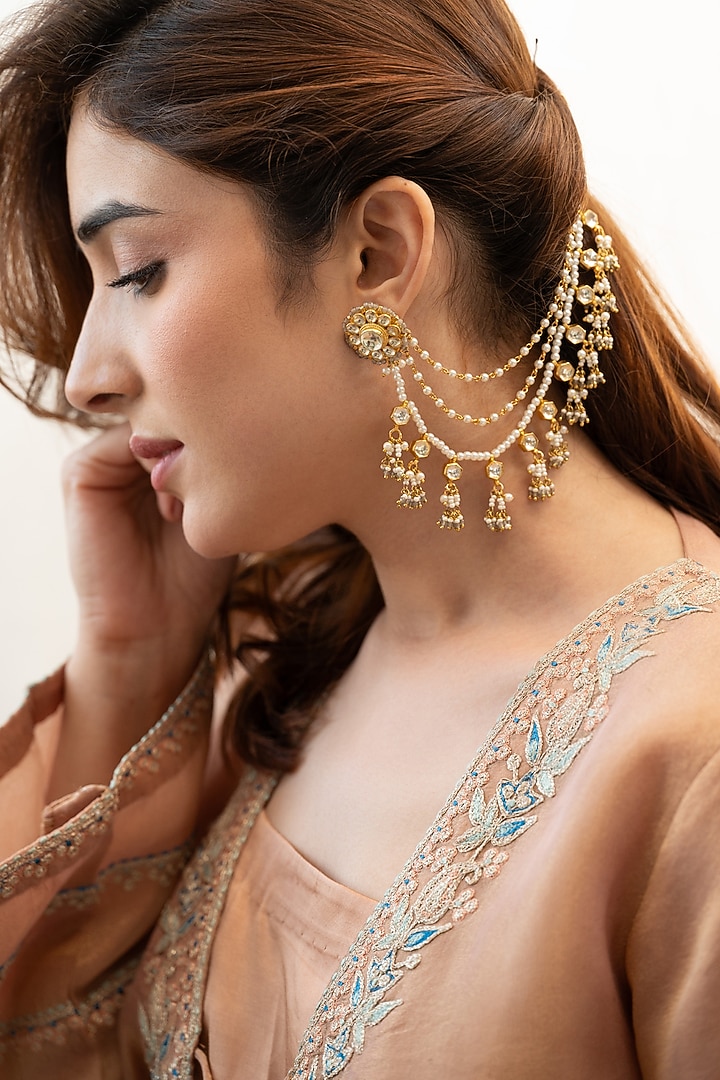 Gold Plated Kundan Polki & Blue Onyx Kaan Chain Earrings by Do Taara at Pernia's Pop Up Shop