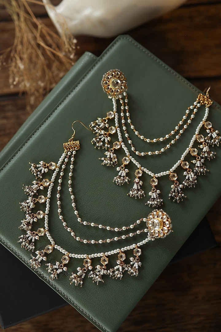 Gold Plated Kundan Polki & Blue Onyx Kaan Chain Earrings by Do Taara at Pernia's Pop Up Shop