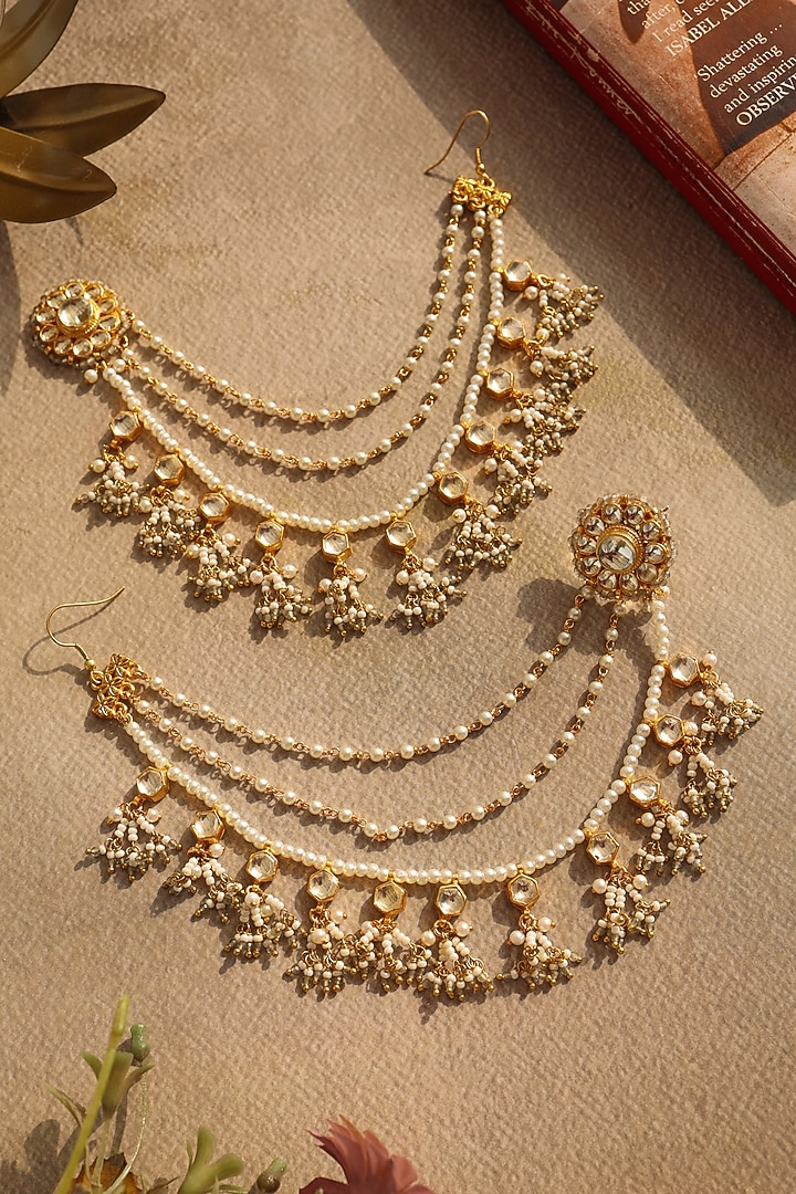 Gold Plated Kundan Polki & Blue Onyx Kaan Chain Earrings by Do Taara at Pernia's Pop Up Shop