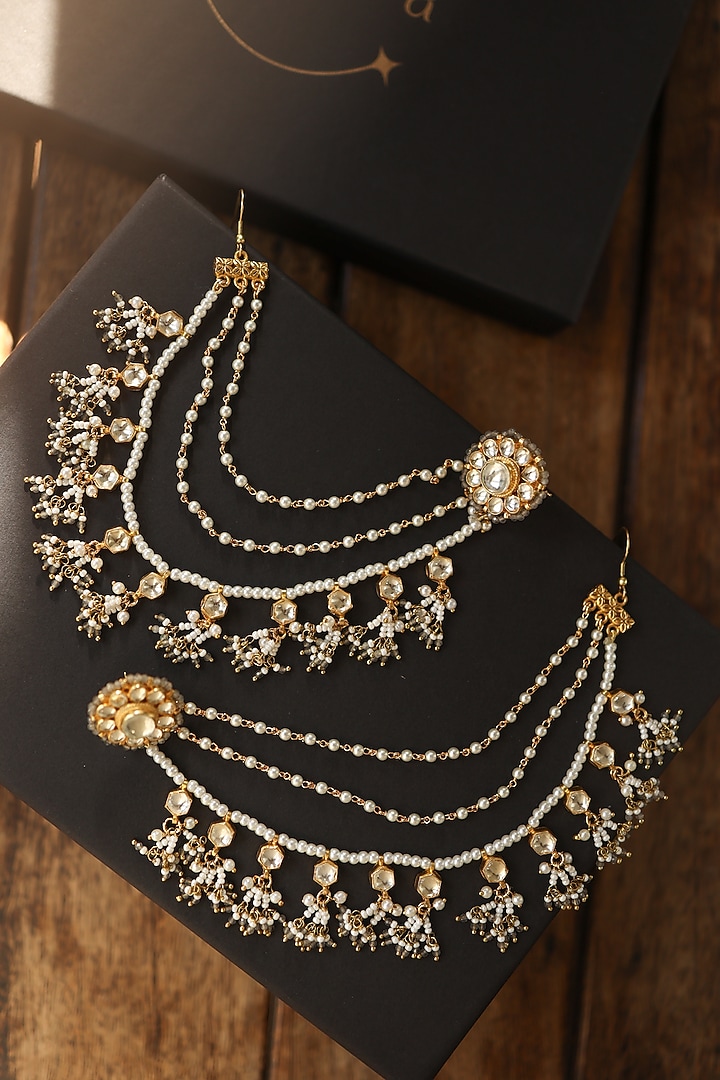 Gold Plated Kundan Polki & Blue Onyx Kaan Chain Earrings by Do Taara at Pernia's Pop Up Shop