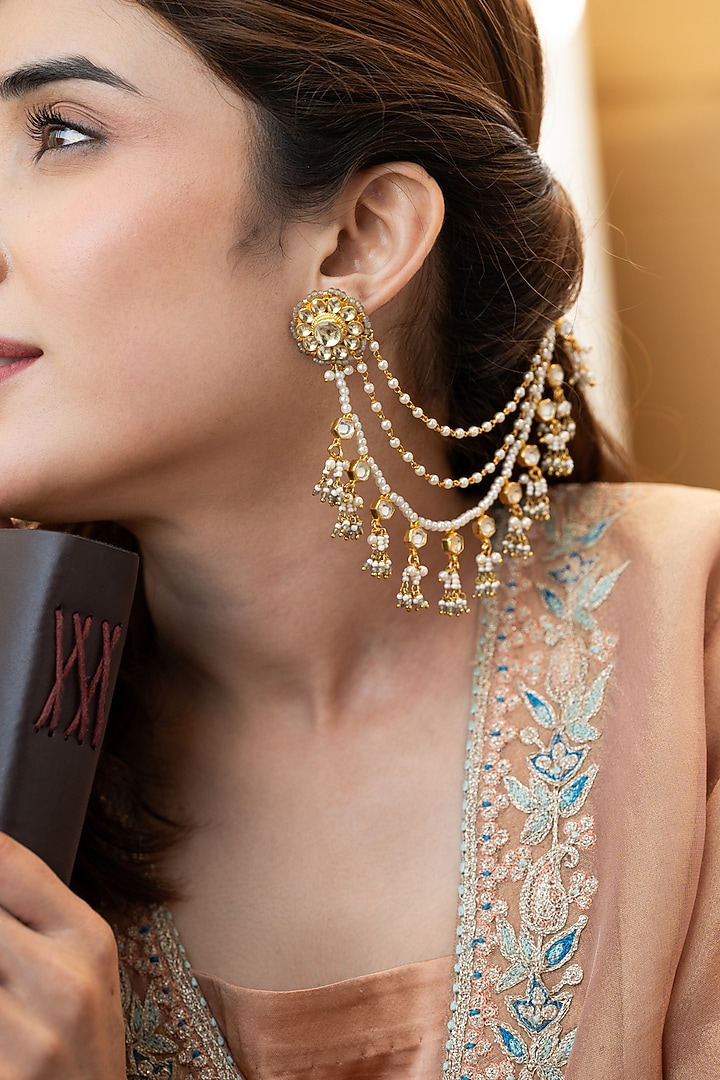 Gold Plated Kundan Polki & Blue Onyx Kaan Chain Earrings by Do Taara at Pernia's Pop Up Shop