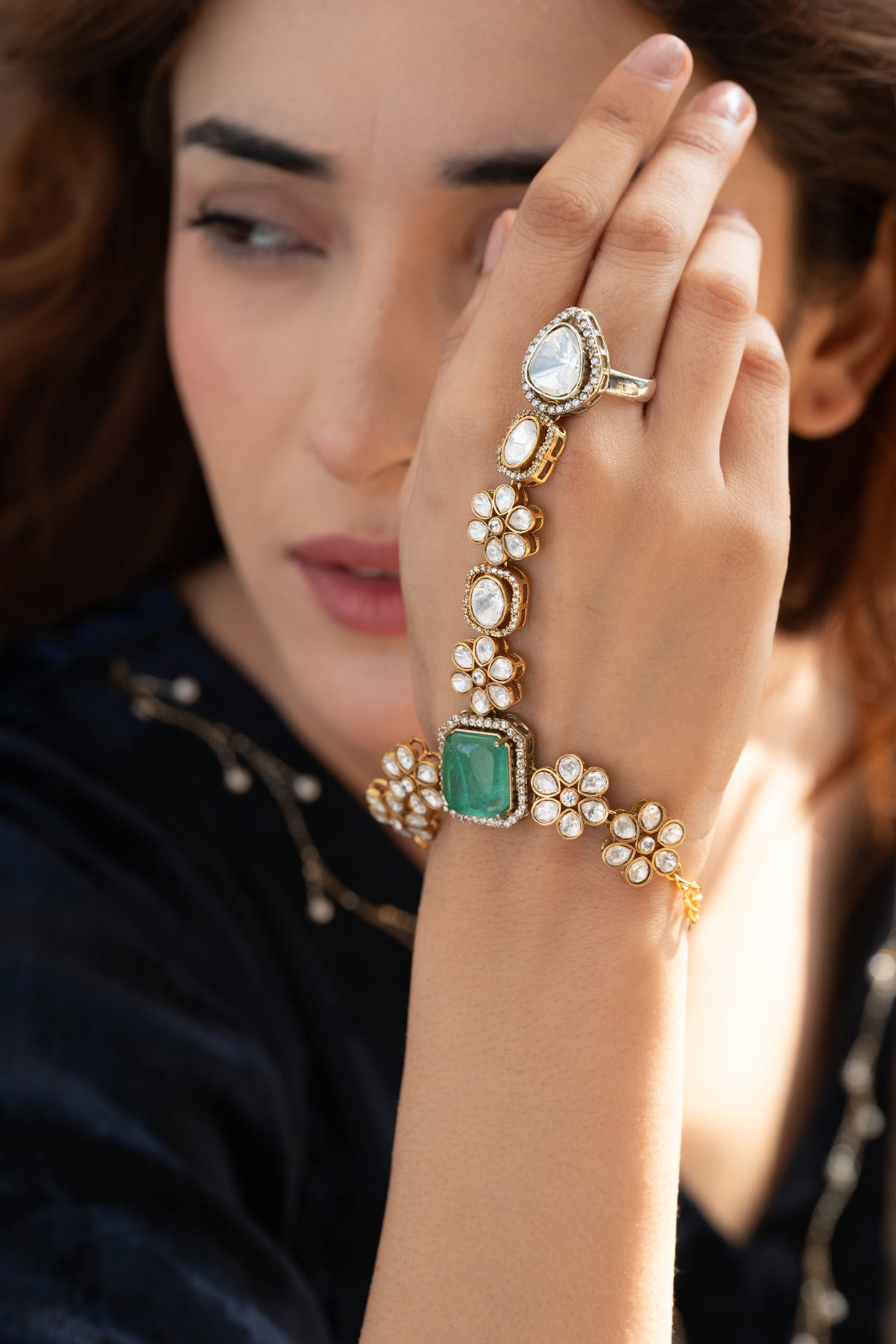 Gold Plated Kundan Polki & Doublet Stone Floral Hathphool by Do Taara at Pernia's Pop Up Shop