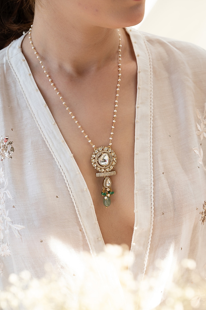 Gold Plated Natural Stone & Pearl Pendant Necklace by Do Taara at Pernia's Pop Up Shop