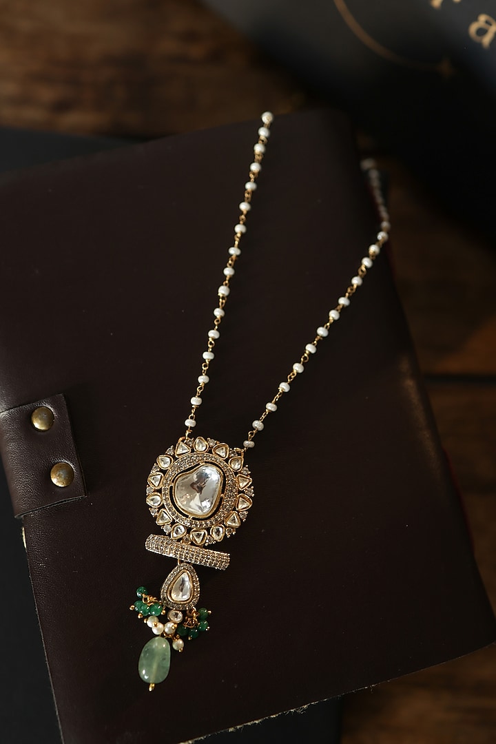 Gold Plated Natural Stone & Pearl Pendant Necklace by Do Taara at Pernia's Pop Up Shop