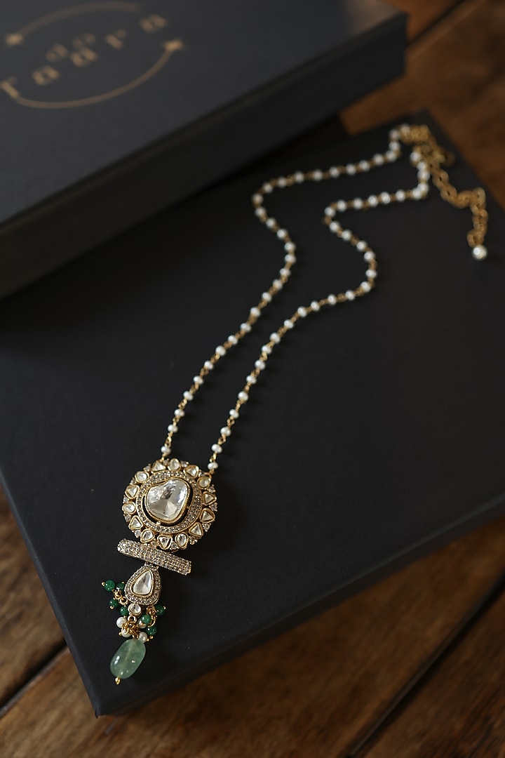 Gold Plated Natural Stone & Pearl Pendant Necklace by Do Taara at Pernia's Pop Up Shop