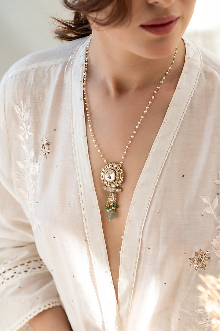 Gold Plated Natural Stone & Pearl Pendant Necklace by Do Taara at Pernia's Pop Up Shop