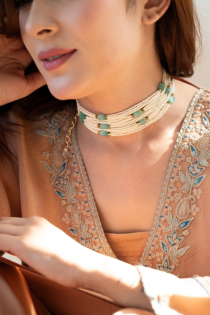 Gold Plated Pearl & Mint Fluorite Stone Choker Necklace by Do Taara at Pernia's Pop Up Shop