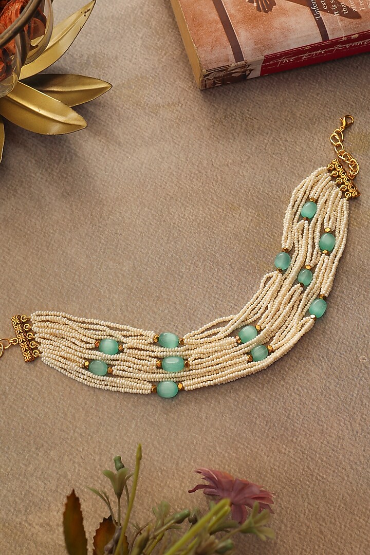 Gold Plated Pearl & Mint Fluorite Stone Choker Necklace by Do Taara at Pernia's Pop Up Shop