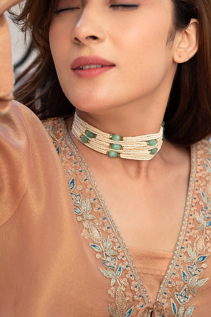 Gold Plated Pearl & Mint Fluorite Stone Choker Necklace by Do Taara at Pernia's Pop Up Shop
