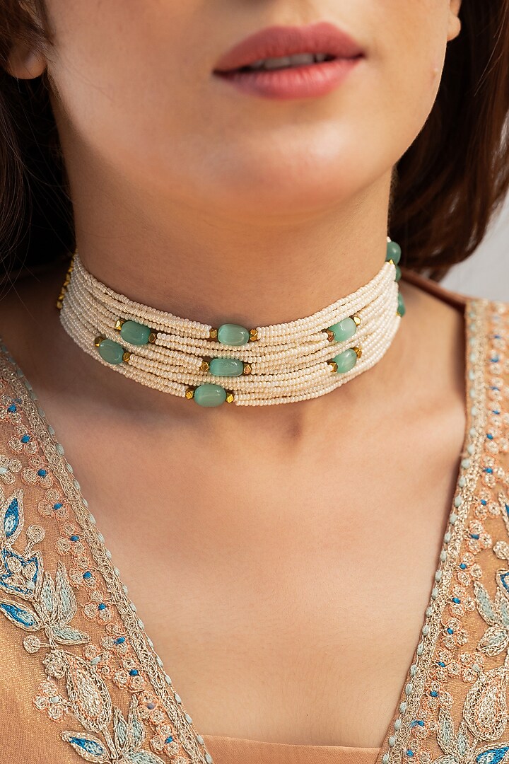 Gold Plated Pearl & Mint Fluorite Stone Choker Necklace by Do Taara at Pernia's Pop Up Shop