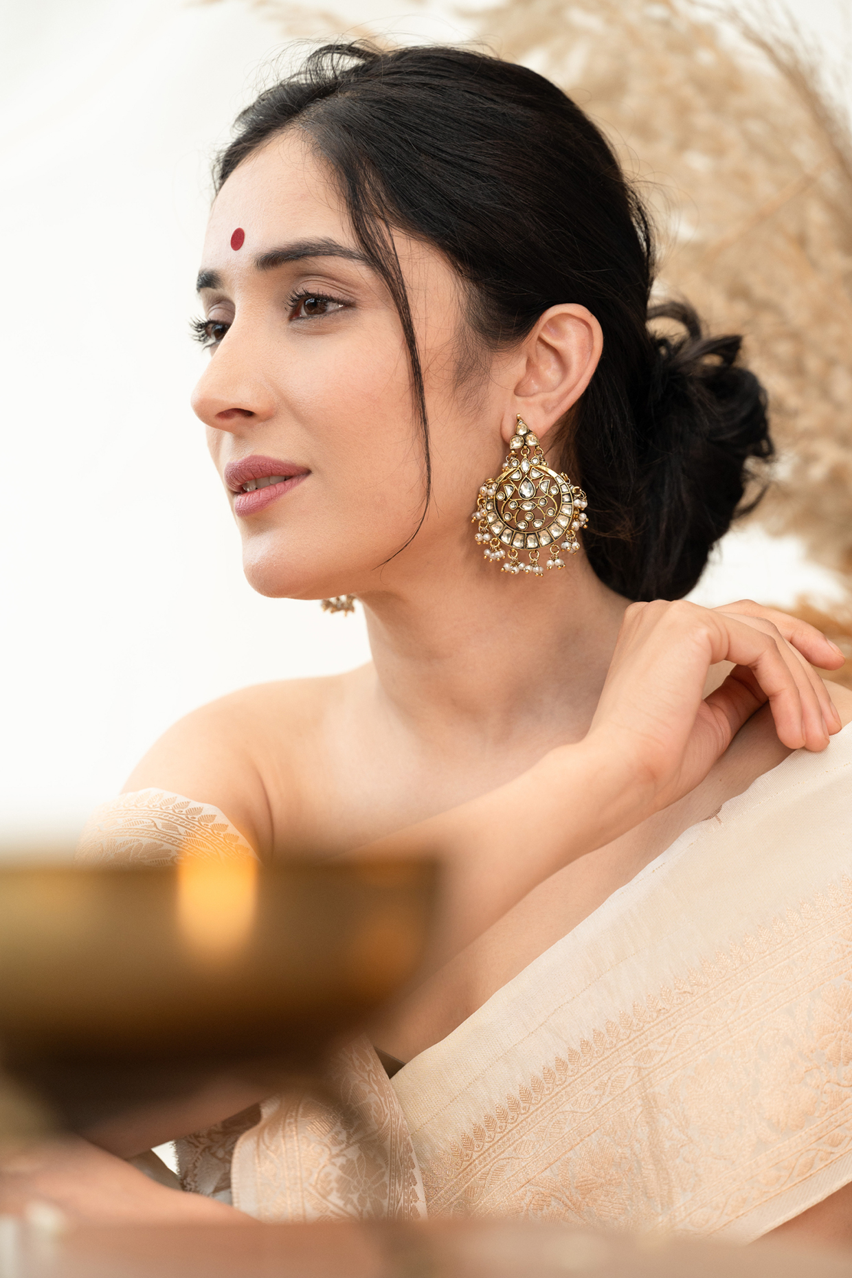 Gold Plated Kundan Polki & Pearl Dangler Earrings by Do Taara at Pernia's Pop Up Shop