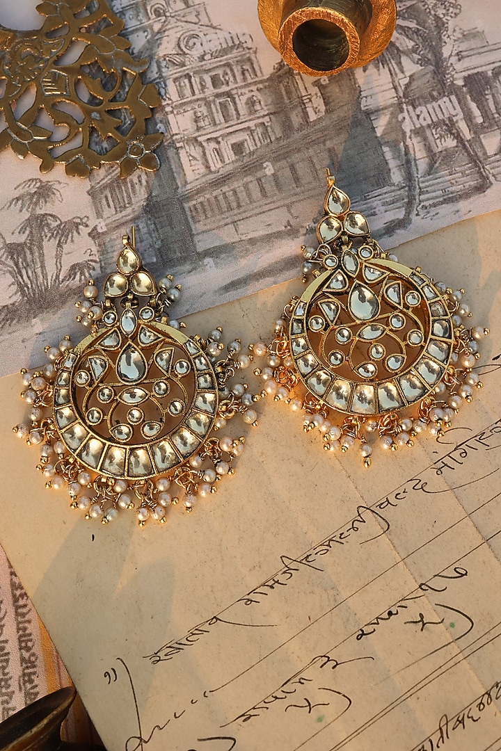 Gold Plated Kundan Polki & Pearl Dangler Earrings by Do Taara at Pernia's Pop Up Shop