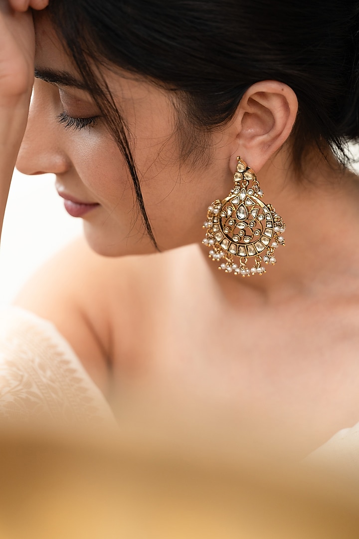 Gold Plated Kundan Polki & Pearl Dangler Earrings by Do Taara at Pernia's Pop Up Shop