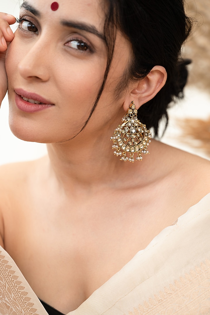 Gold Plated Kundan Polki & Pearl Dangler Earrings by Do Taara at Pernia's Pop Up Shop