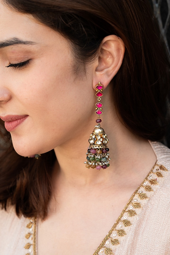 Gold Plated Kundan Polki & Tourmaline Stone Jhumka Earrings by Do Taara at Pernia's Pop Up Shop