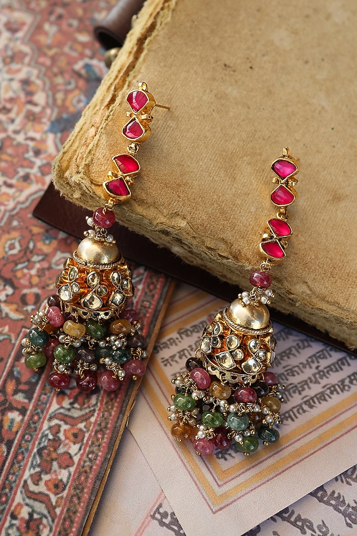 Gold Plated Kundan Polki & Tourmaline Stone Jhumka Earrings by Do Taara at Pernia's Pop Up Shop