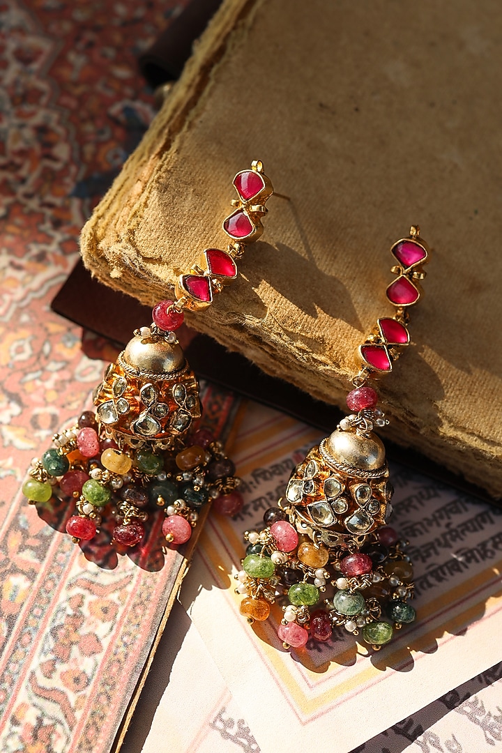 Gold Plated Kundan Polki & Tourmaline Stone Jhumka Earrings by Do Taara at Pernia's Pop Up Shop