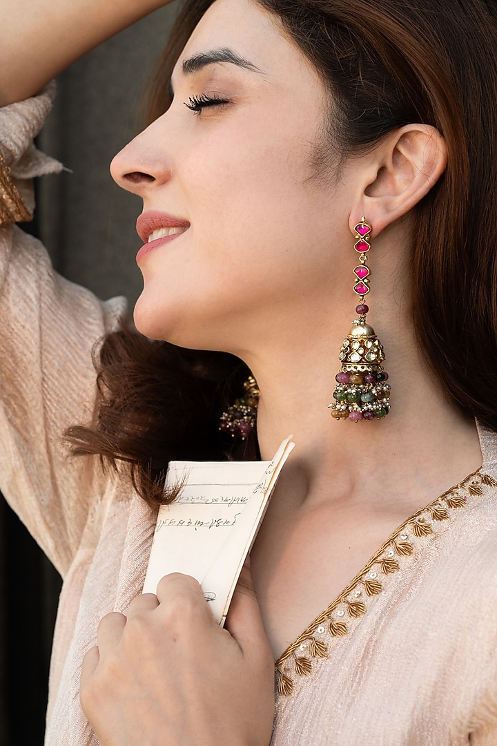 Gold Plated Kundan Polki & Tourmaline Stone Jhumka Earrings by Do Taara at Pernia's Pop Up Shop