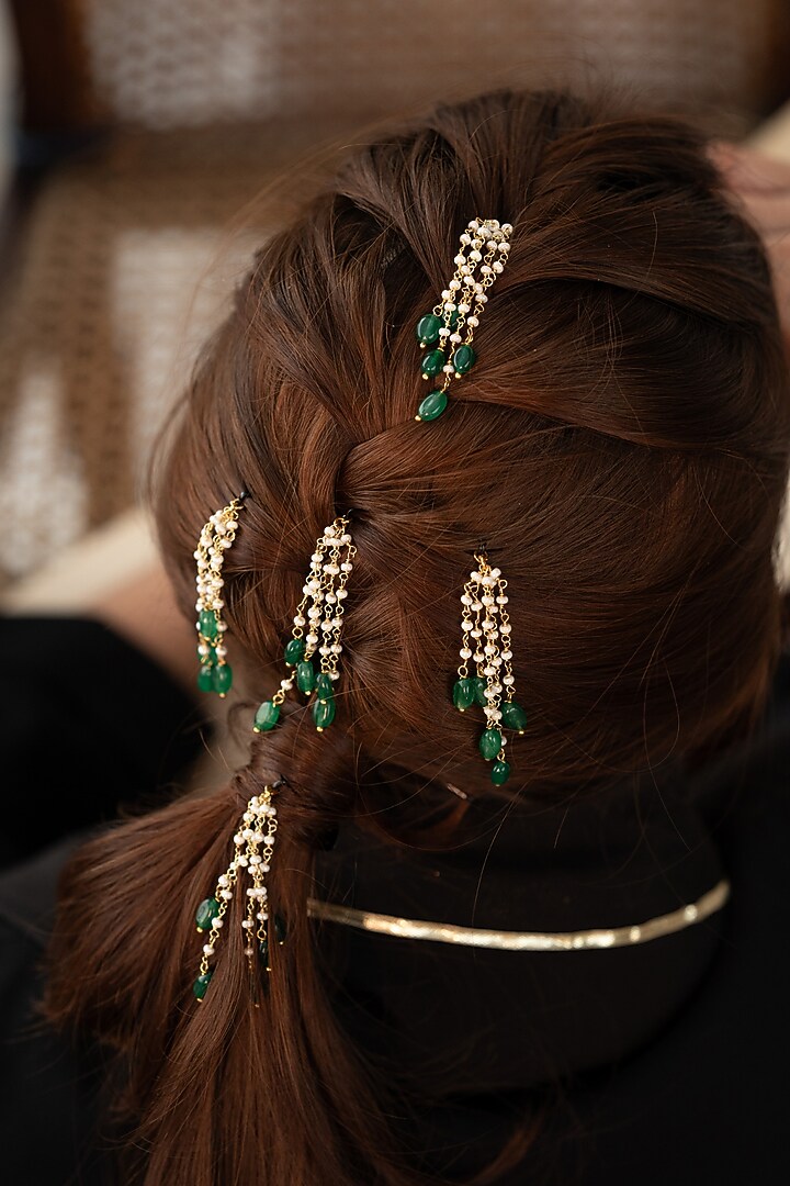 Gold Plated Natural Stone & Pearl Braid Pins (Set Of 5) by Do Taara at Pernia's Pop Up Shop