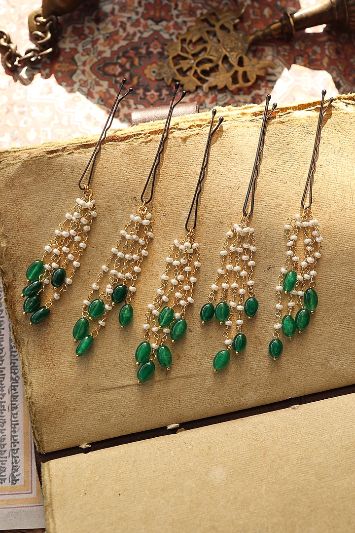 Gold Plated Natural Stone & Pearl Braid Pins (Set Of 5) by Do Taara at Pernia's Pop Up Shop