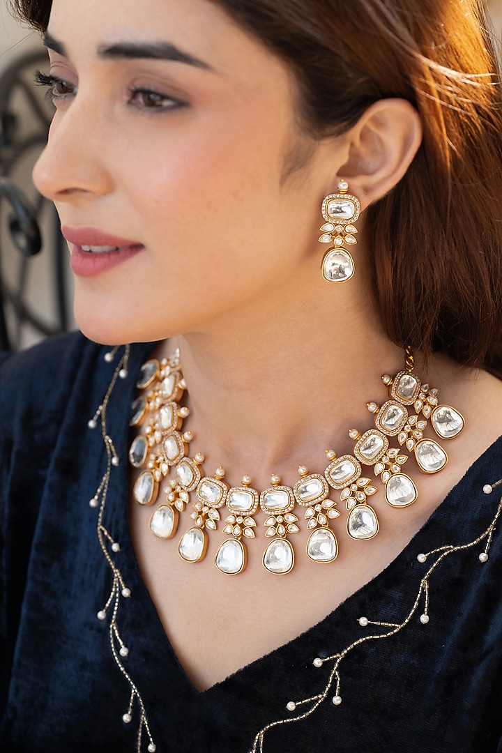 Gold Plated Kundan Polki Necklace Set by Do Taara at Pernia's Pop Up Shop