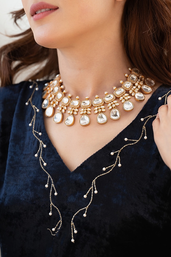 Gold Plated Kundan Polki Necklace Set by Do Taara at Pernia's Pop Up Shop