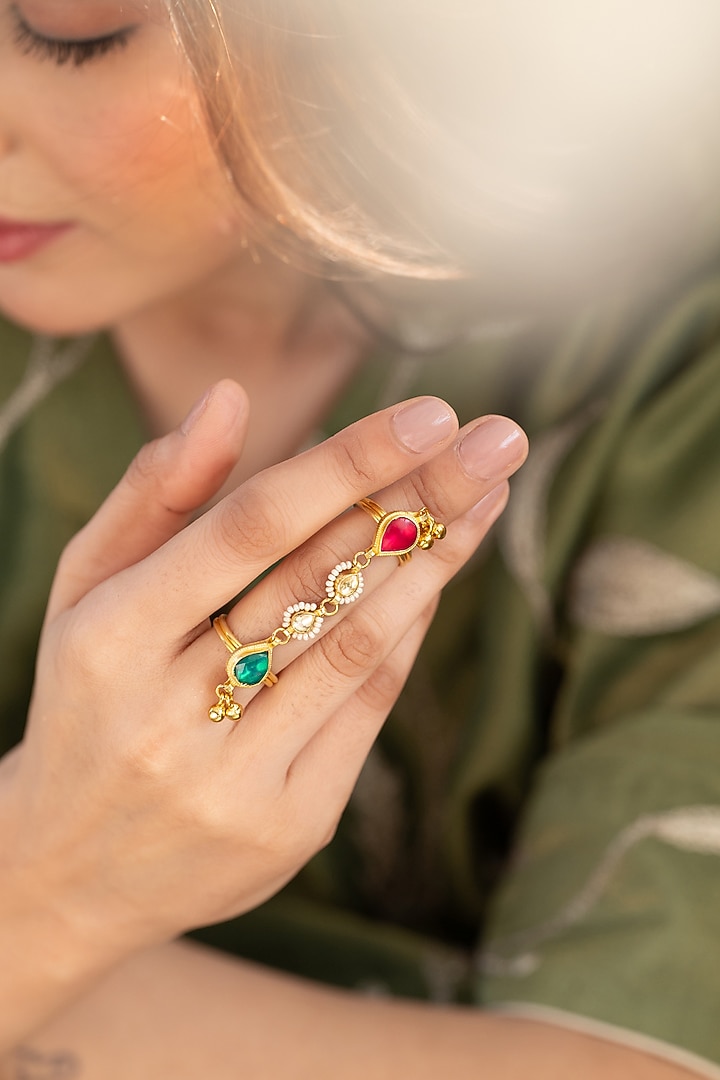 Gold Plated Kundan Polki & Pearl Ring by Do Taara at Pernia's Pop Up Shop