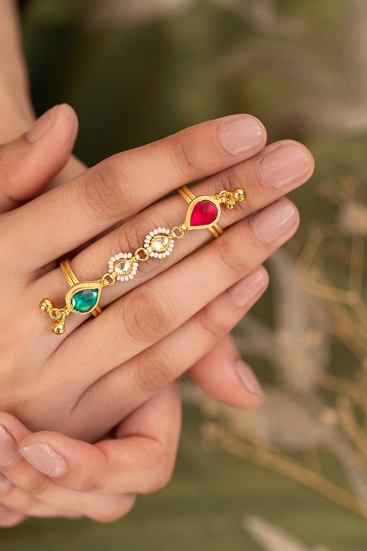 Gold Plated Kundan Polki & Pearl Ring by Do Taara at Pernia's Pop Up Shop
