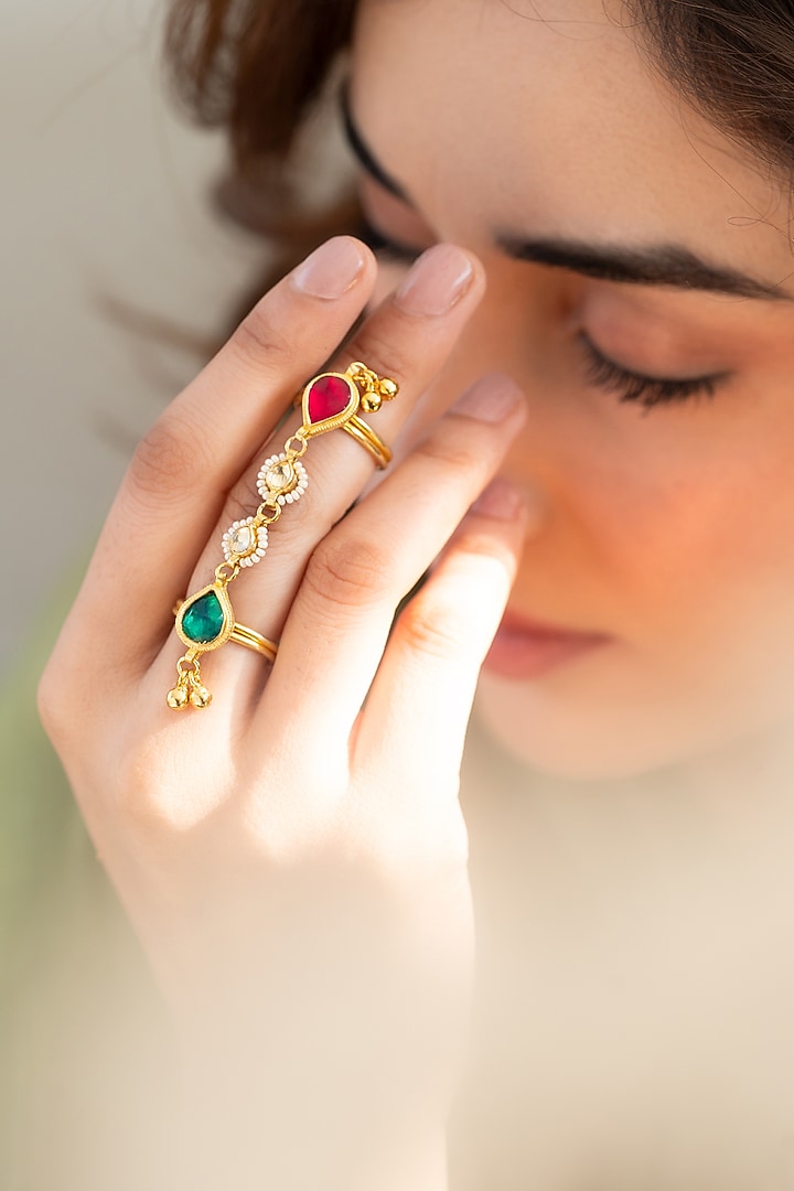 Gold Plated Kundan Polki & Pearl Ring by Do Taara at Pernia's Pop Up Shop