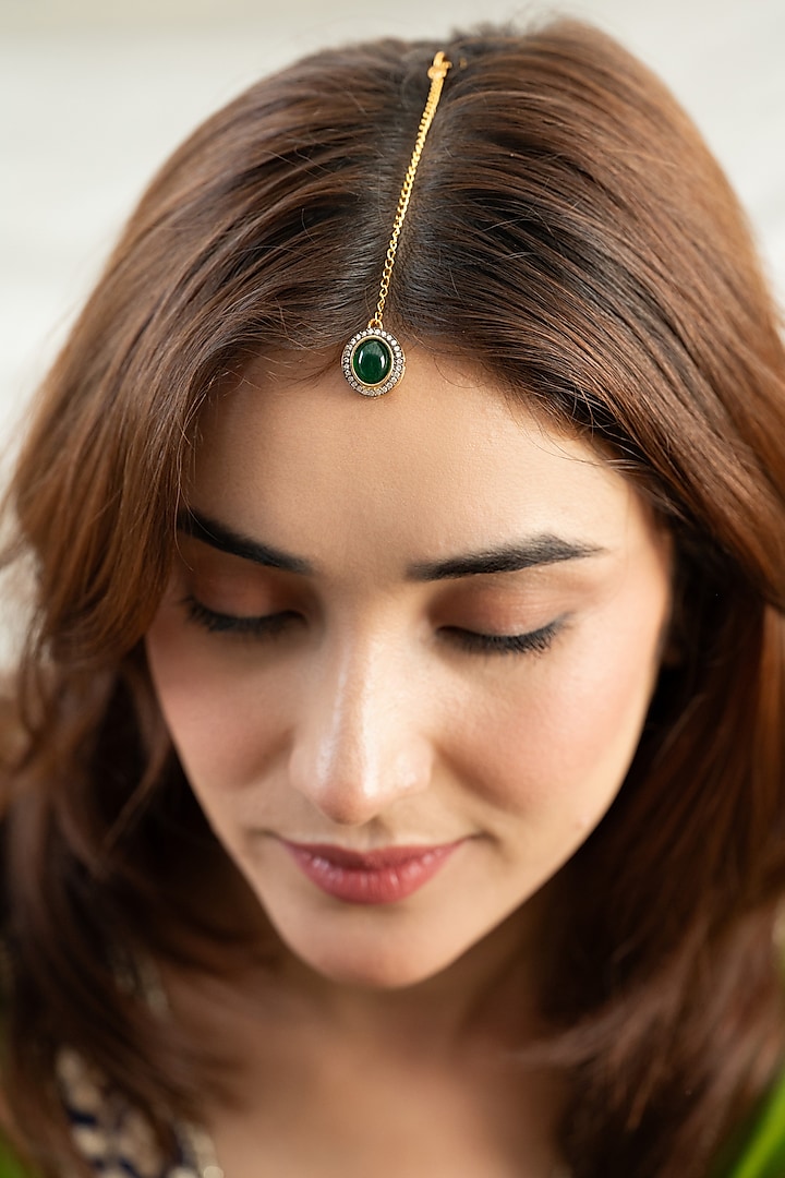 Gold Plated Cubic Zirconia & Green Stone Maangtikka by Do Taara at Pernia's Pop Up Shop